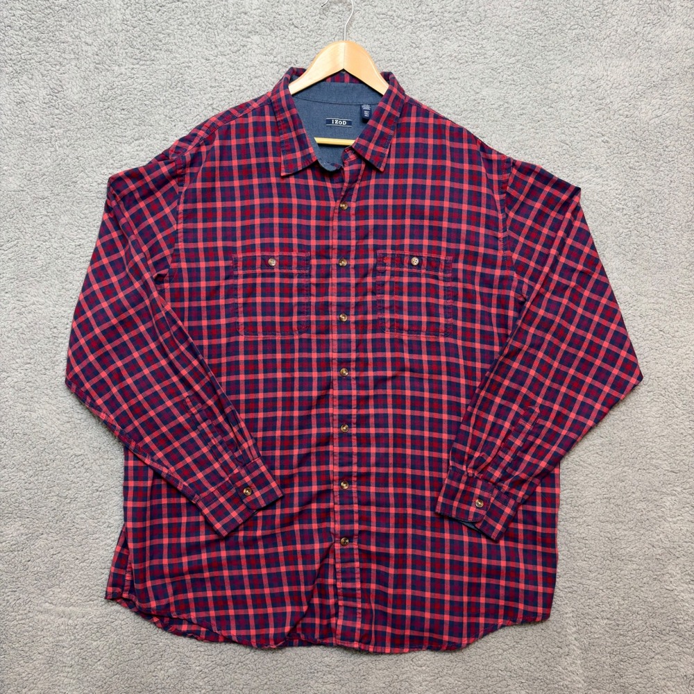 IZOD Men Shirt 2XLT Red Pink Blue Plaid Big & Tall Button Up Long Sleeve Preppy